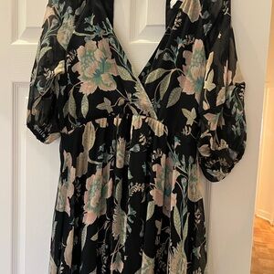 Mango Black Midi Dress with Pastel Floral Print